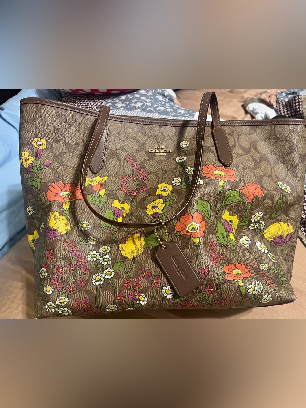 Coach Brown Floral Print Tote with Yellow & Orange Blooms